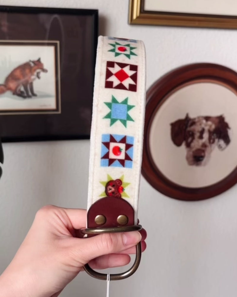 FoxMoth Premium Leather Dog Collar with Solid Brass Hardware with Tomato Bears Velvet Fabric