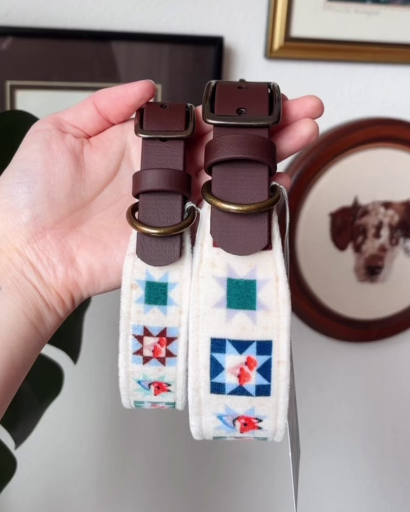FoxMoth Premium Leather Dog Collar with Solid Brass Hardware with Foxshrooms Velvet Fabric