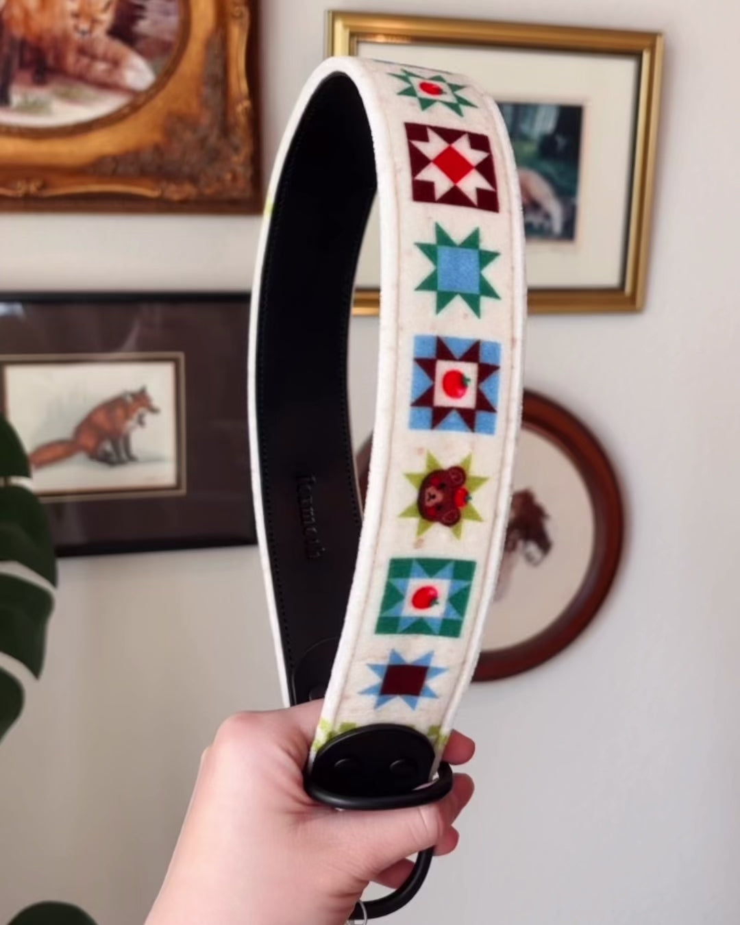 Load video: FoxMoth Premium Leather Dog Collar with Solid Brass Hardware with Tomato Bears Velvet Fabric