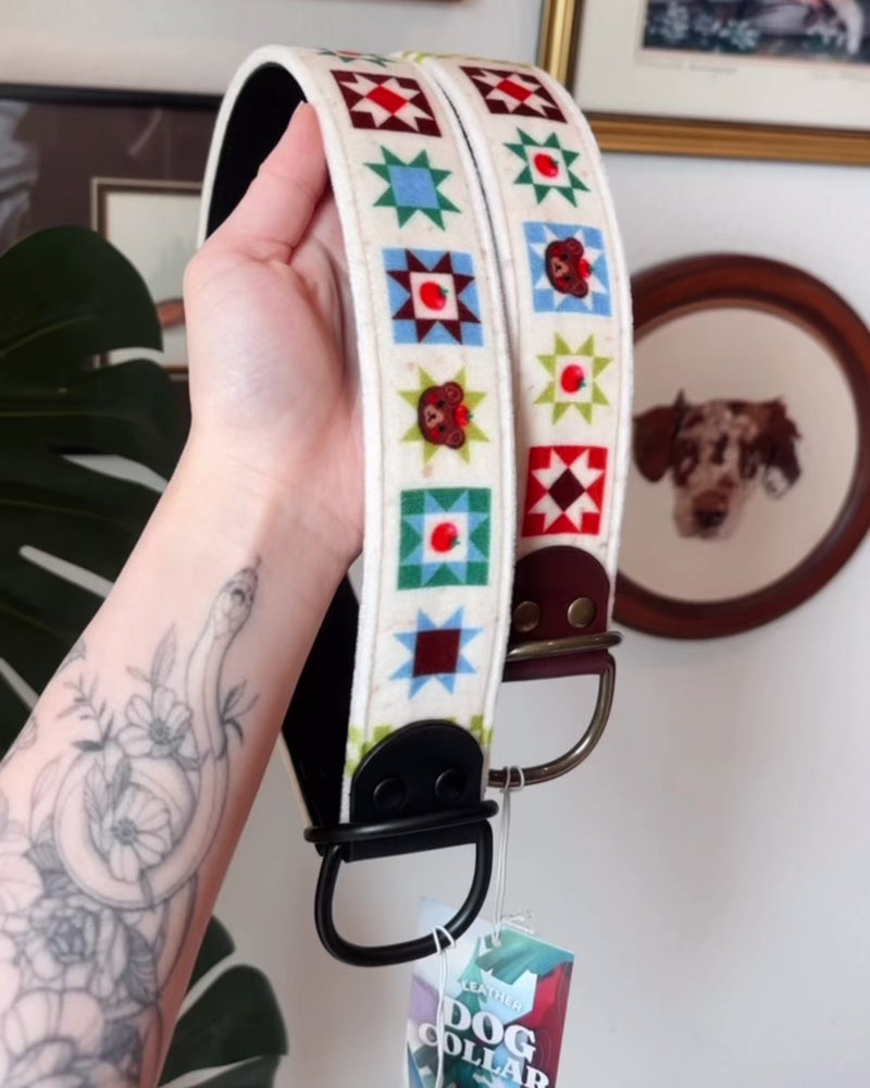 FoxMoth Premium Leather Dog Collar with Solid Brass Hardware with Tomato Bears Velvet Fabric