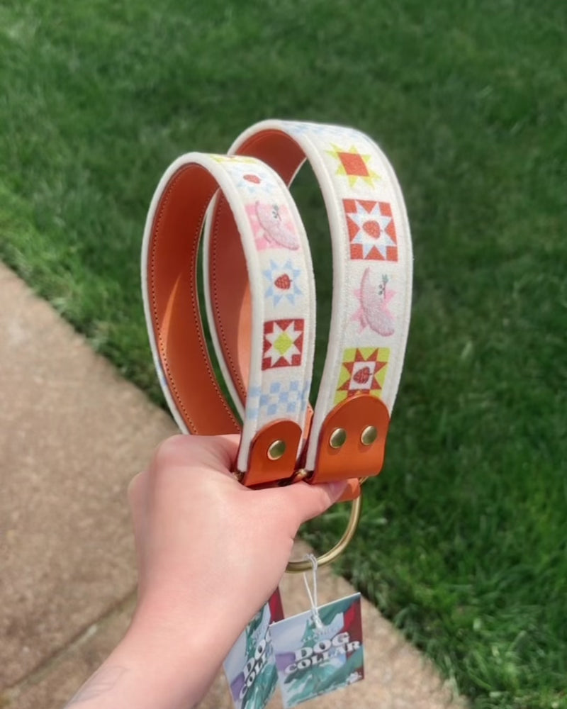 FoxMoth Premium Leather Dog Collar with Solid Brass Hardware with Owly Pines Velvet Fabric