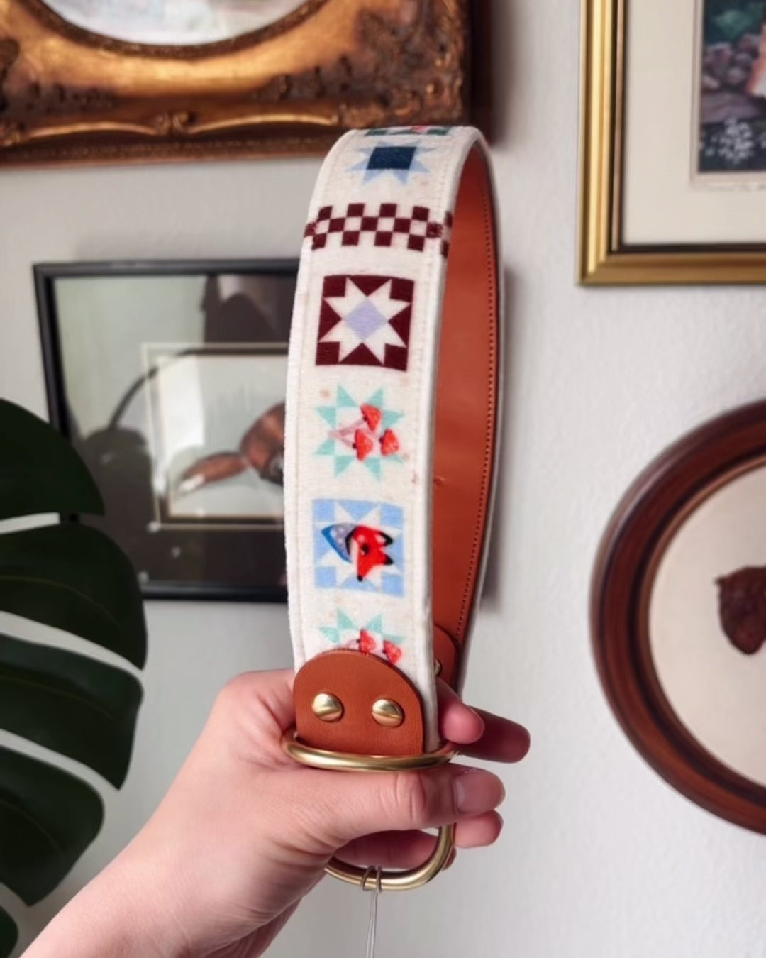Load video: FoxMoth Premium Leather Dog Collar with Solid Brass Hardware with Foxshrooms Velvet Fabric