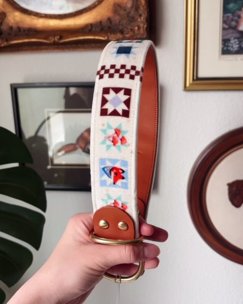 FoxMoth Premium Leather Dog Collar with Solid Brass Hardware with Foxshrooms Velvet Fabric